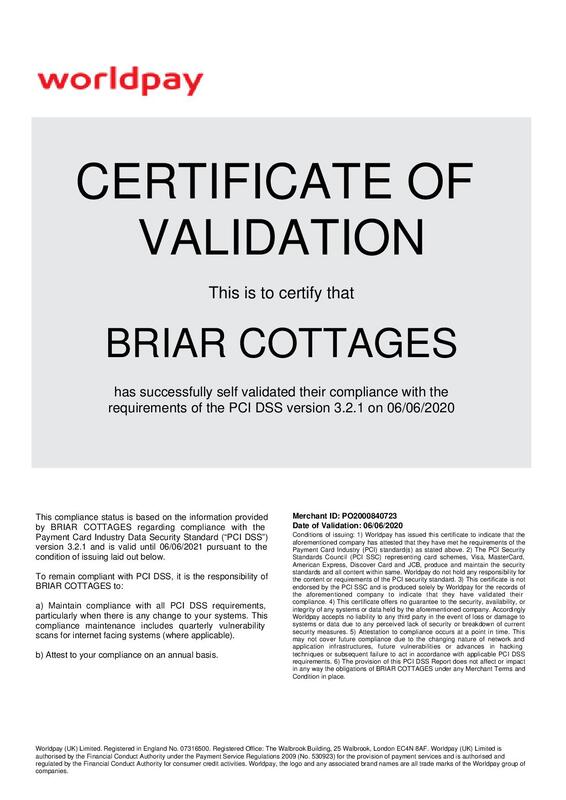 World Pay Credit Card Machine Validation for Briar Cottages -certificate of compliance