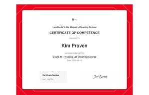 Certificate of competence for cleaning holiday lets during Covid 19r 